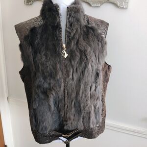 VTG Baby Phat Rabbit Fur & Suede Leather Brown Women's Y2K Vest Sz XXL**